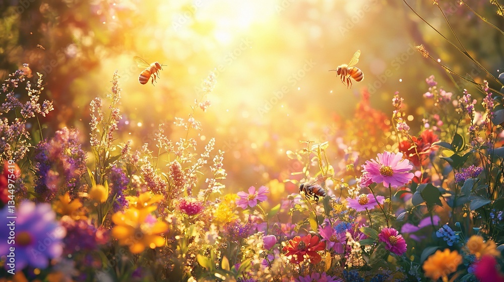 Lush Summer Garden Filled With Colorful Flowers and Bees Lush Summer Garden Filled With Colorful Flowers and Bees