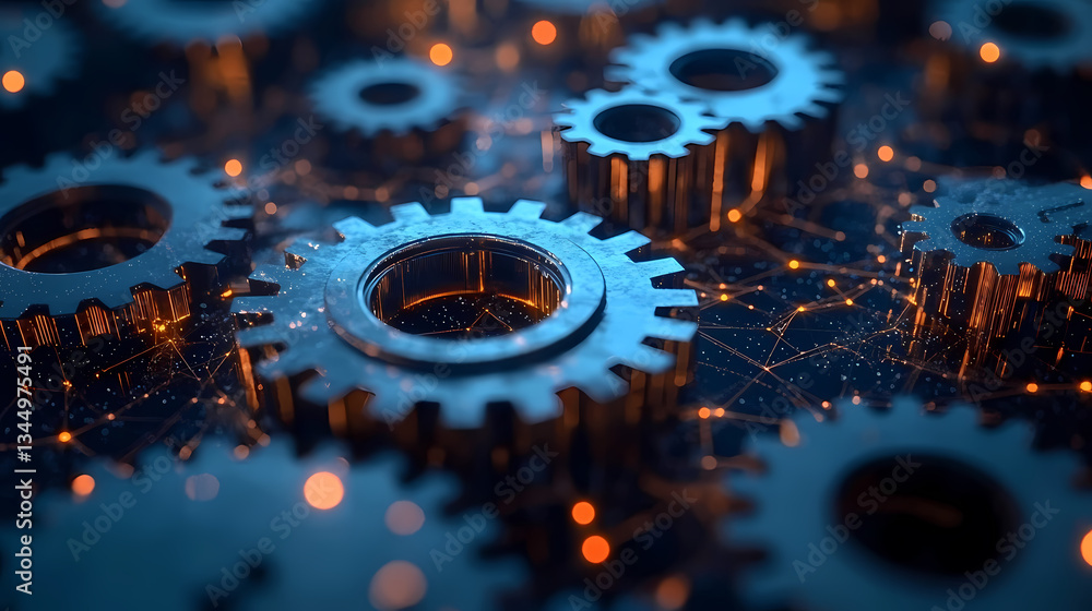 Close-up of Blue and Gold Gears with Technology Feel