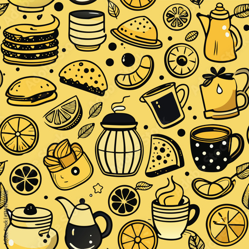 Scrumptious Breakfast Spread: Tea, Coffee, Jam, Croissants, and Pancakes with a Slice of Lemon