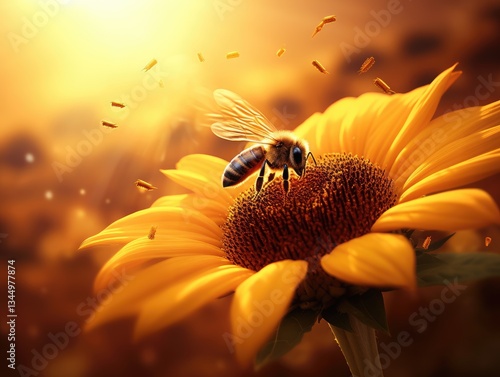 Honeybee on Sunflower at Sunrise