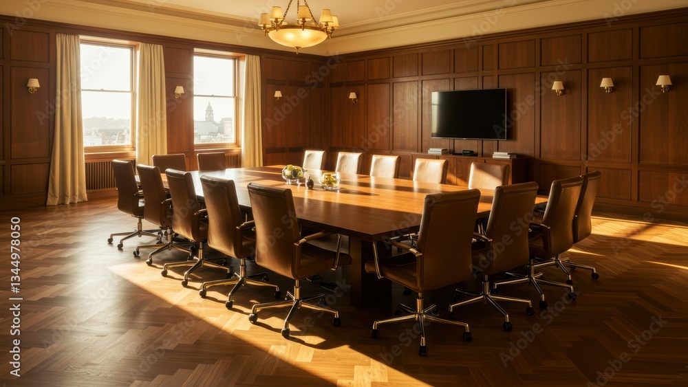 Obraz premium Boardroom with a large wooden table and executive chairs, brightly lit by sunlight from large windows, representing corporate professionalism and teamwork