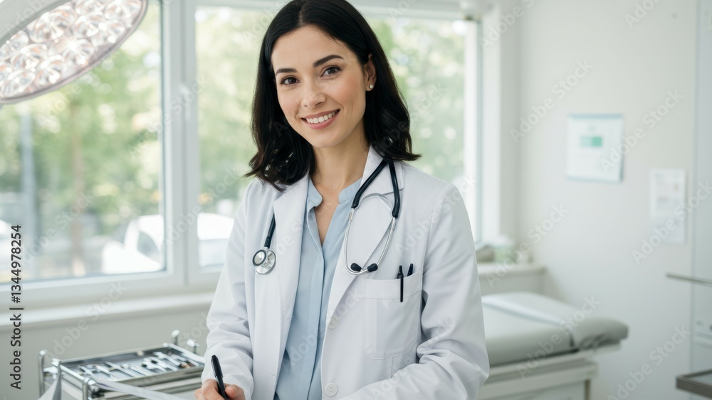 Hispanic female doctor smiles in medical office with stethoscope during patient consultation Represents healthcare, professionalism, compassion, and trust Hispanic female doctor smiles in medical office with stethoscope during patient consultation Represents healthcare, professionalism, compassion, and trust