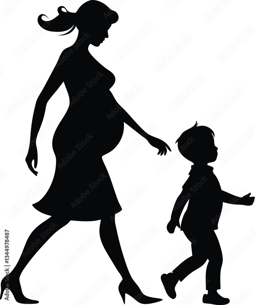Obraz premium A **beautiful silhouette illustration** of a **pregnant woman** symbolizing **motherhood, maternity, and love**. This **vector icon** represents a **happy pregnancy, parenthood, and family care** with