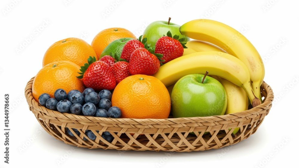 A basket filled with vibrant fruits including oranges, bananas, strawberries, green apples, and blueberries Perfect for healthy eating, nutrition, and wellness A basket filled with vibrant fruits including oranges, bananas, strawberries, green apples, and blueberries Perfect for healthy eating, nutrition, and wellness