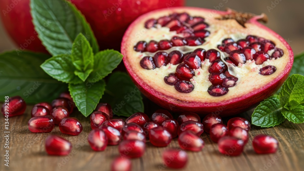 Freshly sliced pomegranate with juicy red seeds and mint leaves on wooden surface, emphasizing healthy eating and natural ingredients Freshly sliced pomegranate with juicy red seeds and mint leaves on wooden surface, emphasizing healthy eating and natural ingredients
