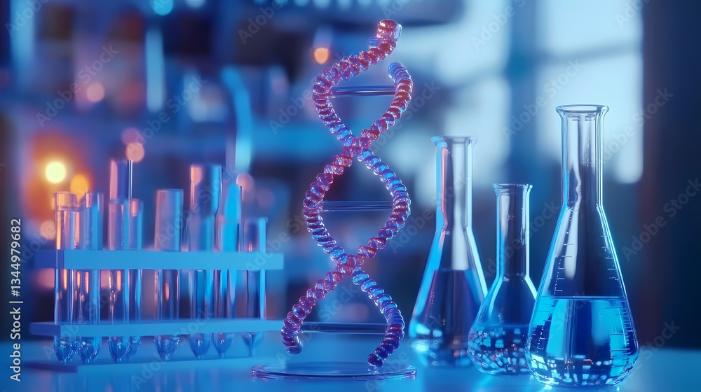 DNA Model and Chemical Laboratory Equipment on Table