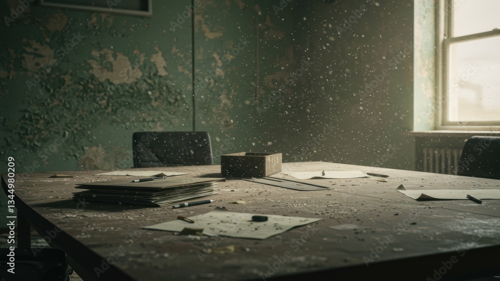 Fototapeta premium Abandoned room with dusty surfaces, a messy table filled with scattered papers Dim lighting enhances the post apocalyptic, urban decay mood