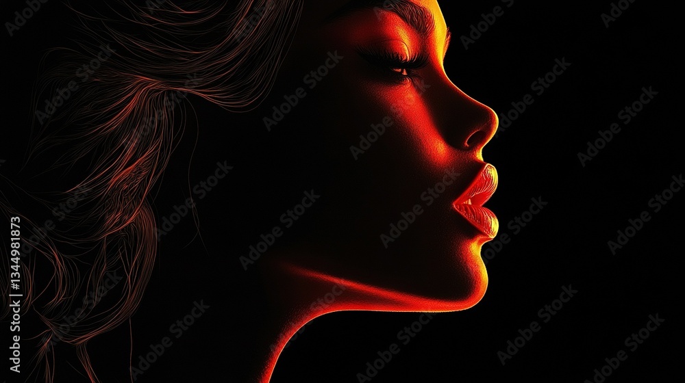 A photo of a female face with red illumination emanating from her side A photo of a female face with red illumination emanating from her side