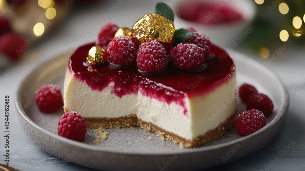 Raspberry cheesecake slice, festive dessert, holiday background Raspberry cheesecake slice, festive dessert, holiday background
