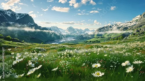 Wallpaper Mural Serene Mountain Meadow: A breathtaking view of a vast, flower-filled meadow nestled amidst majestic snow-capped mountains under a bright, sunny sky. Torontodigital.ca