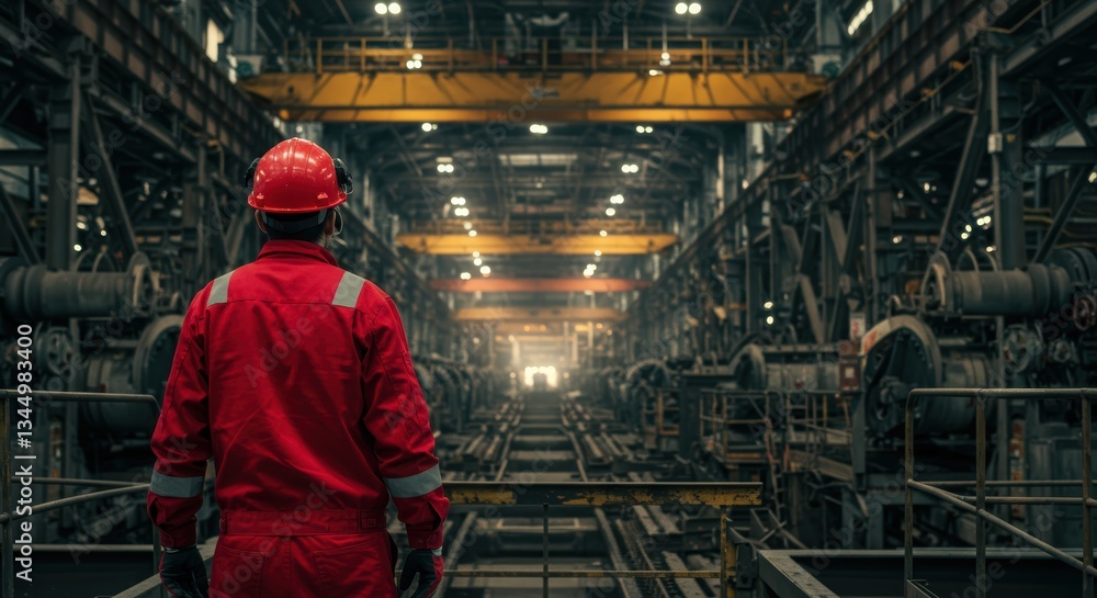 Engineer in red overalls observing industrial factory interior with machinery and overhead cranes Engineer in red overalls observing industrial factory interior with machinery and overhead cranes