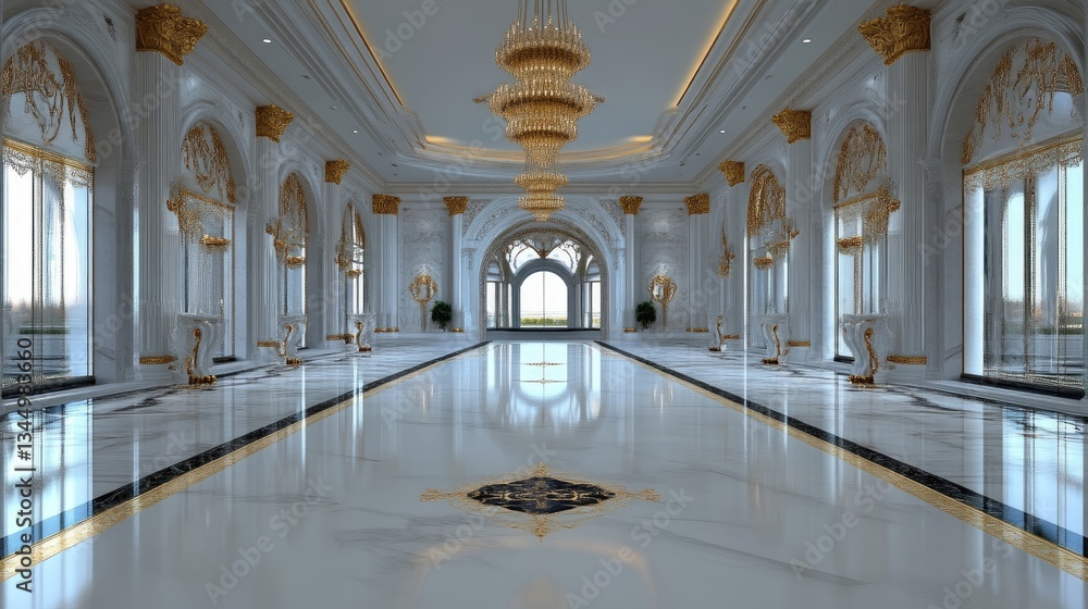 Fototapeta premium Luxurious white marble hall with golden accents. Grand arched entryway, crystal chandelier, and expansive windows