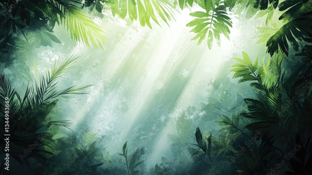 Naklejka premium Sunlight Filtering Through Dense Jungle Canopy Creating Ethereal Atmosphere in Lush Green Forest Scene