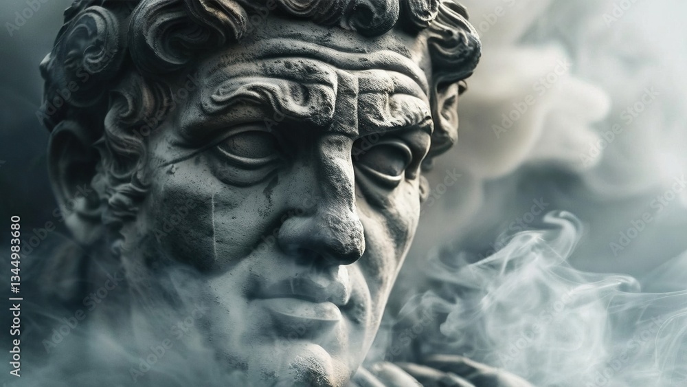 Close-up of ancient bust shrouded in smoke, mysterious atmosphere, artistic concept