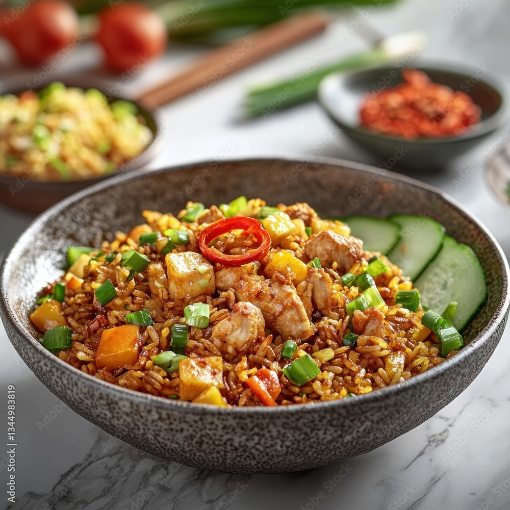 a bowl of chicken fried rice loaded with fresh ingredients, herbs and spices a bowl of chicken fried rice loaded with fresh ingredients, herbs and spices