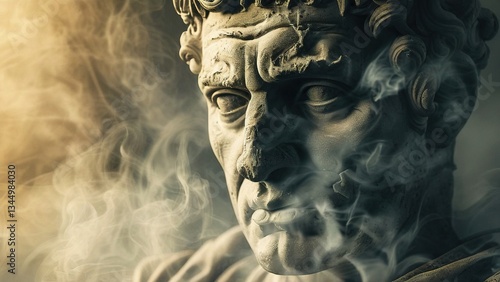 Ancient bust, smoke, dark background, mystery, art history