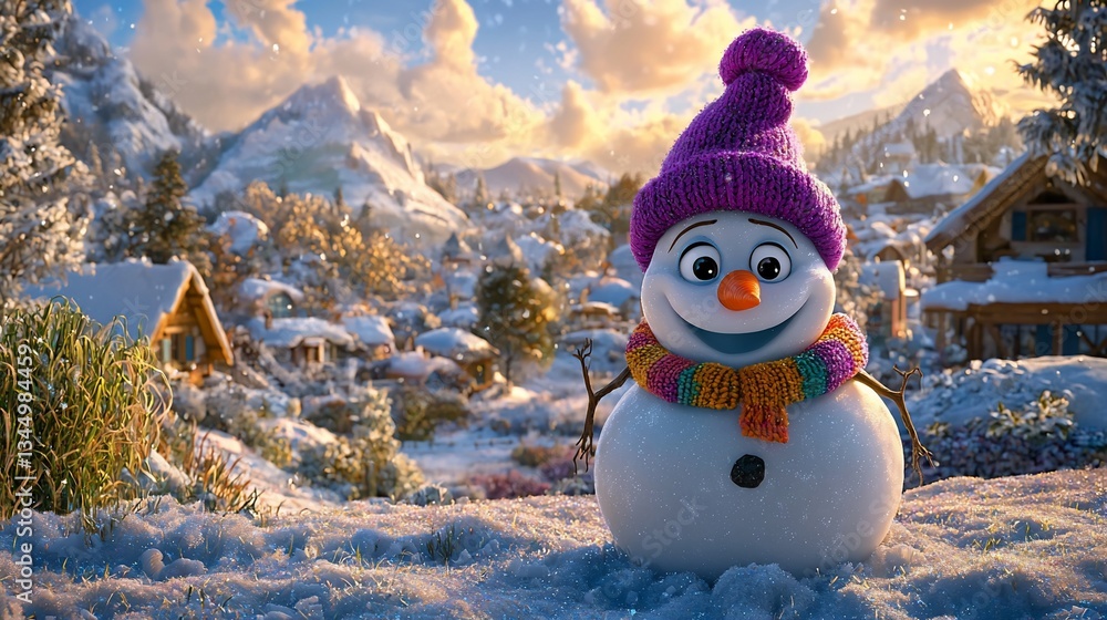 Obraz premium Snowman in Winter Village Scene