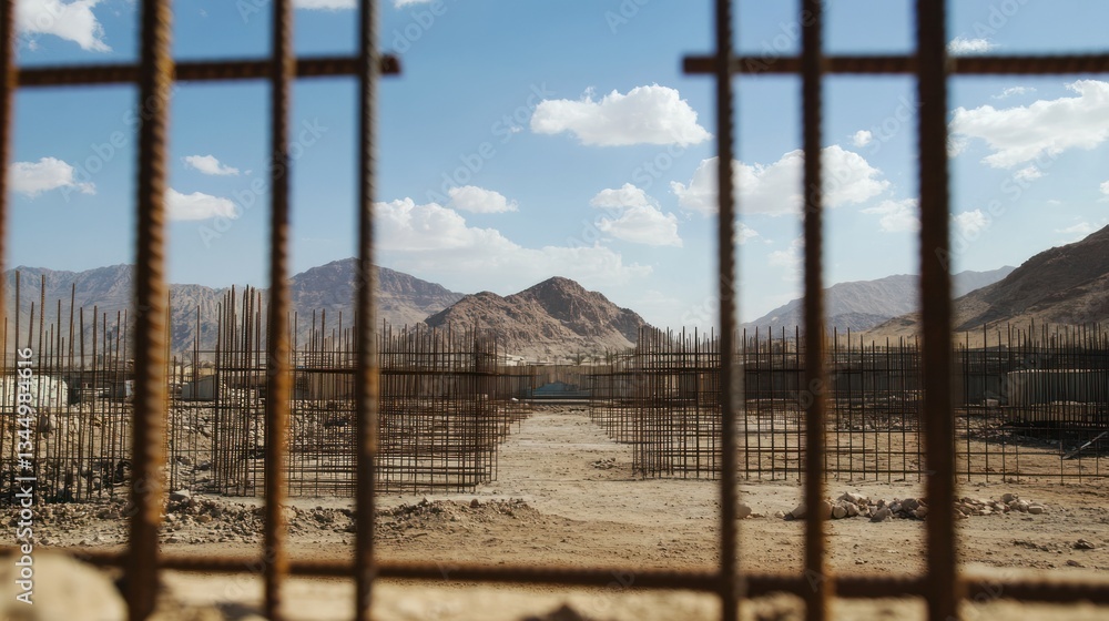 Metal bars frame a construction site with mountains and sky