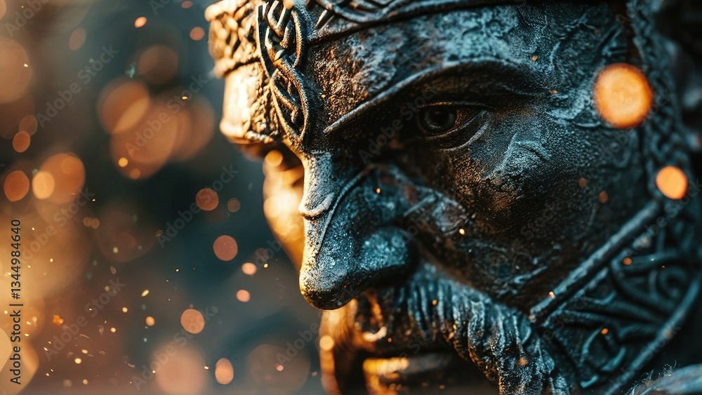 Close-up warrior statue, fire background, history, mythology, concept art