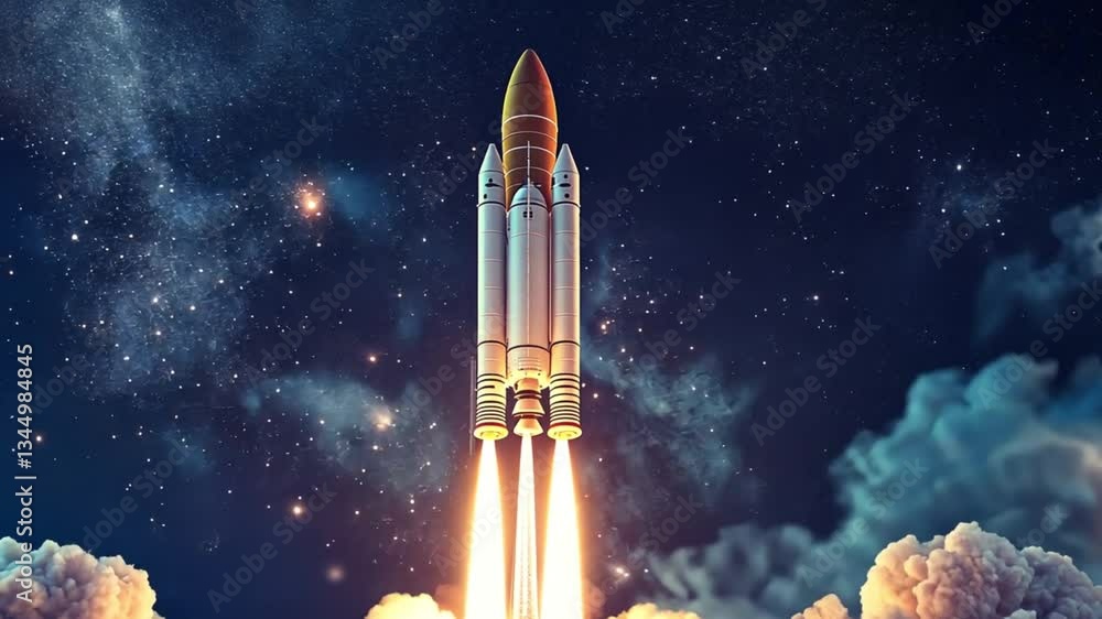 Rocket Launching into Space with Dramatic Clouds and Stars Rocket Launching into Space with Dramatic Clouds and Stars