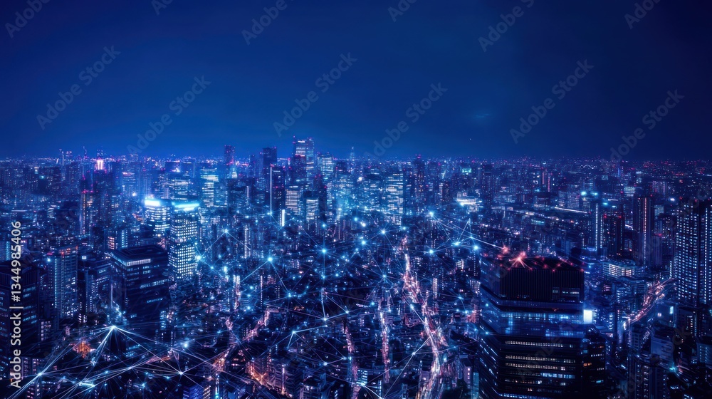 custom made wallpaper toronto digitalNight cityscape view of Tokyo, Japan, with illuminated connections. Possible use Stock photo for travel, business, or technology themes