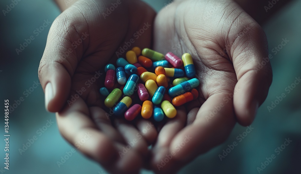 Close-up of hands holding colorful pills, representing the importance and impact on medical patient care Close-up of hands holding colorful pills, representing the importance and impact on medical patient care