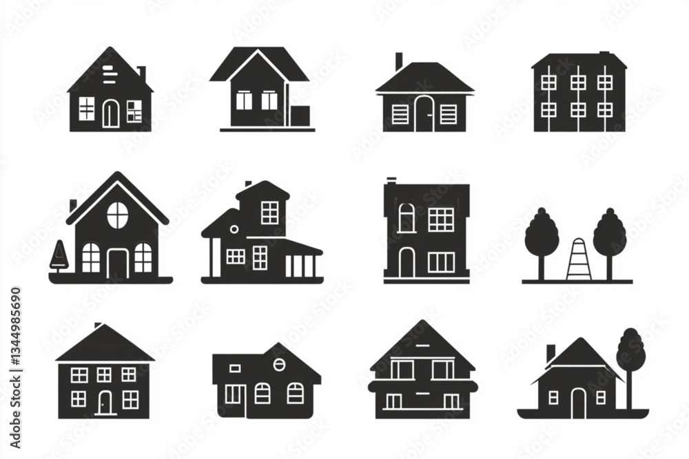 Collection of various house silhouettes on white sheet Collection of various house silhouettes on white sheet