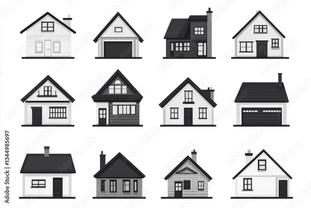 Collection of twelve monochrome house vector illustrations Collection of twelve monochrome house vector illustrations