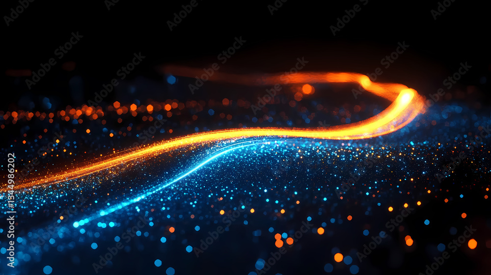 Glowing Orange and Blue Curved Lines with Light Particles