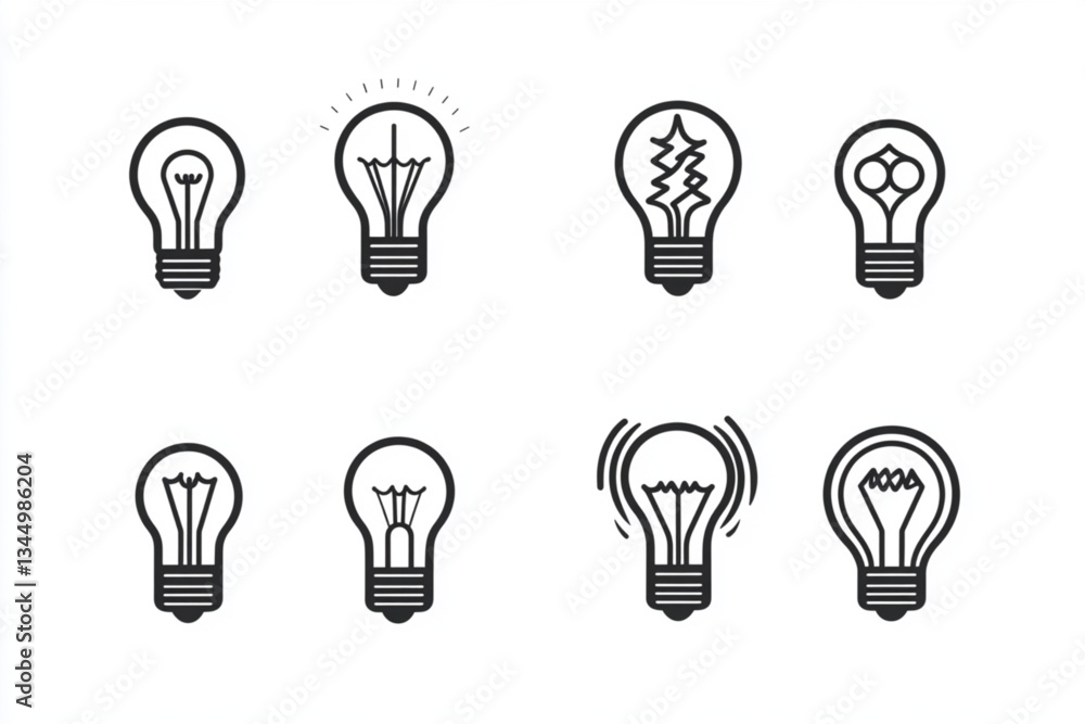Collection of light bulb icons in black and white style Collection of light bulb icons in black and white style