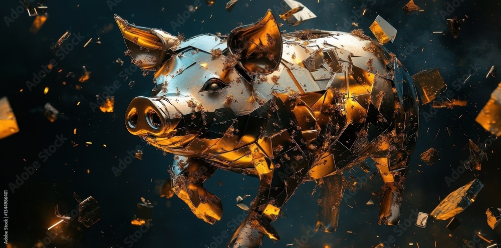 Fototapeta premium A fragmented golden pig seemingly floating against a dark backdrop