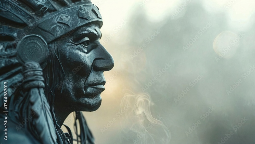 Native American statue, serene outdoor setting, misty background, historical reflection, website header