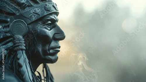 Native American statue, serene outdoor setting, misty background, historical reflection, website header