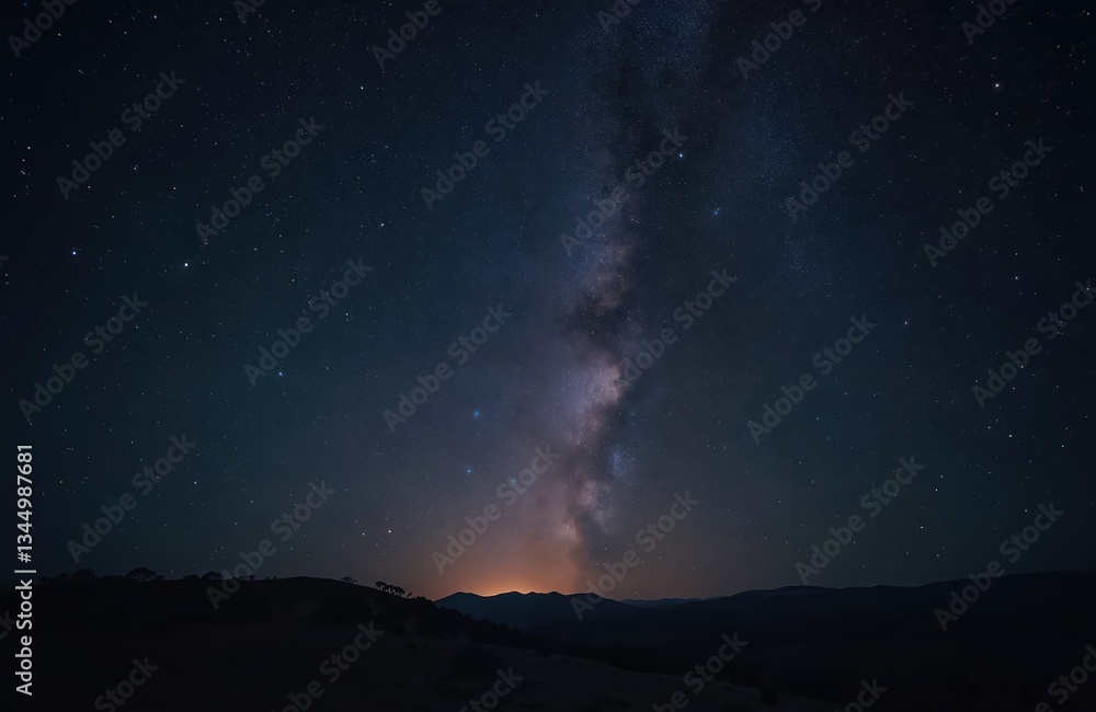 Night sky with bright Milky Way band and stars over dark mountain silhouette. Space cosmic background. Universe astro landscape wallpaper. Travel explore serene world. Starry night. Night sky with bright Milky Way band and stars over dark mountain silhouette. Space cosmic background. Universe astro landscape wallpaper. Travel explore serene world. Starry night.
