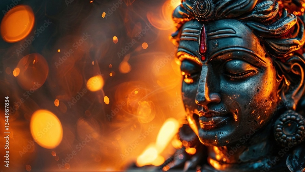 Serene Shiva statue, fiery background, spiritual calmness, meditation image, religious art