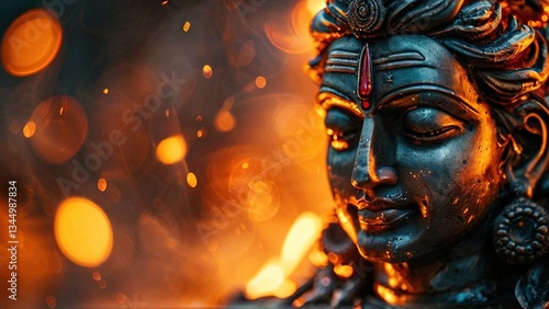Obraz na płótnie Serene Shiva statue, fiery background, spiritual calmness, meditation image, religious art w salonie