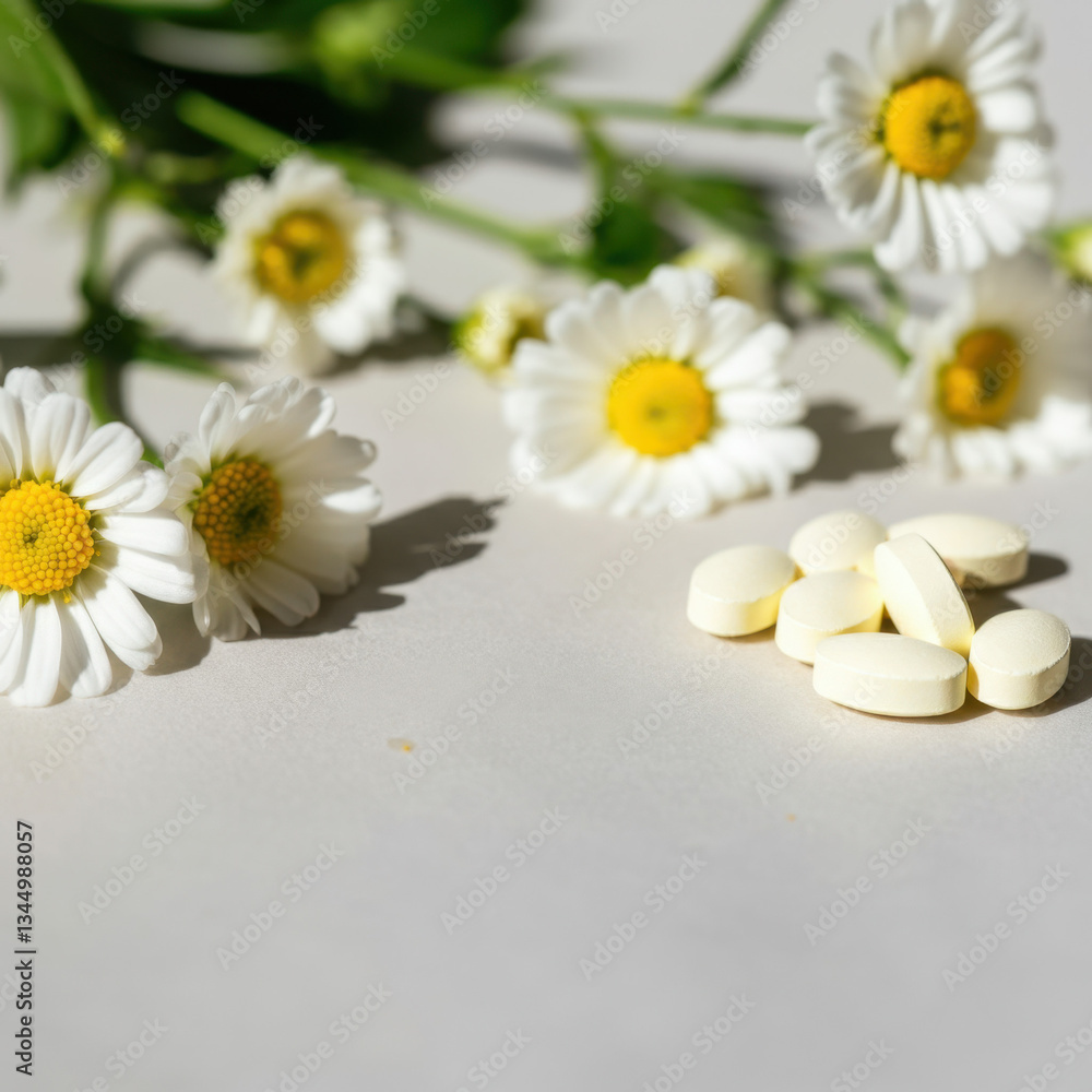 Obraz premium Daisy flowers and herbal supplements on neutral background, wellness concept