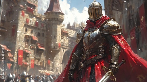 Knight in Red Cape Amidst a Snow-Filled Medieval City