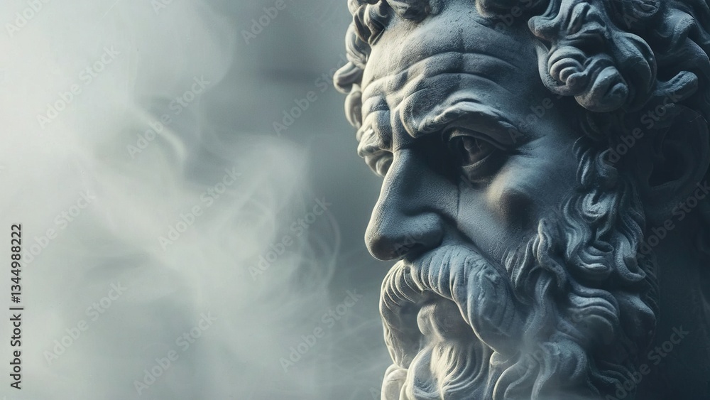 Weathered statue bust, dramatic lighting, smoky background, wisdom, history