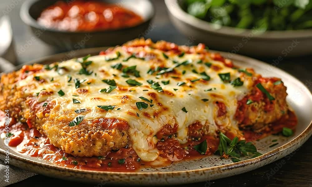 Deliciously Baked Chicken Parmesan Topped with Melted Cheese and Fresh Parsley in a Rich Tomato Sauce on a Rustic Plate Deliciously Baked Chicken Parmesan Topped with Melted Cheese and Fresh Parsley in a Rich Tomato Sauce on a Rustic Plate