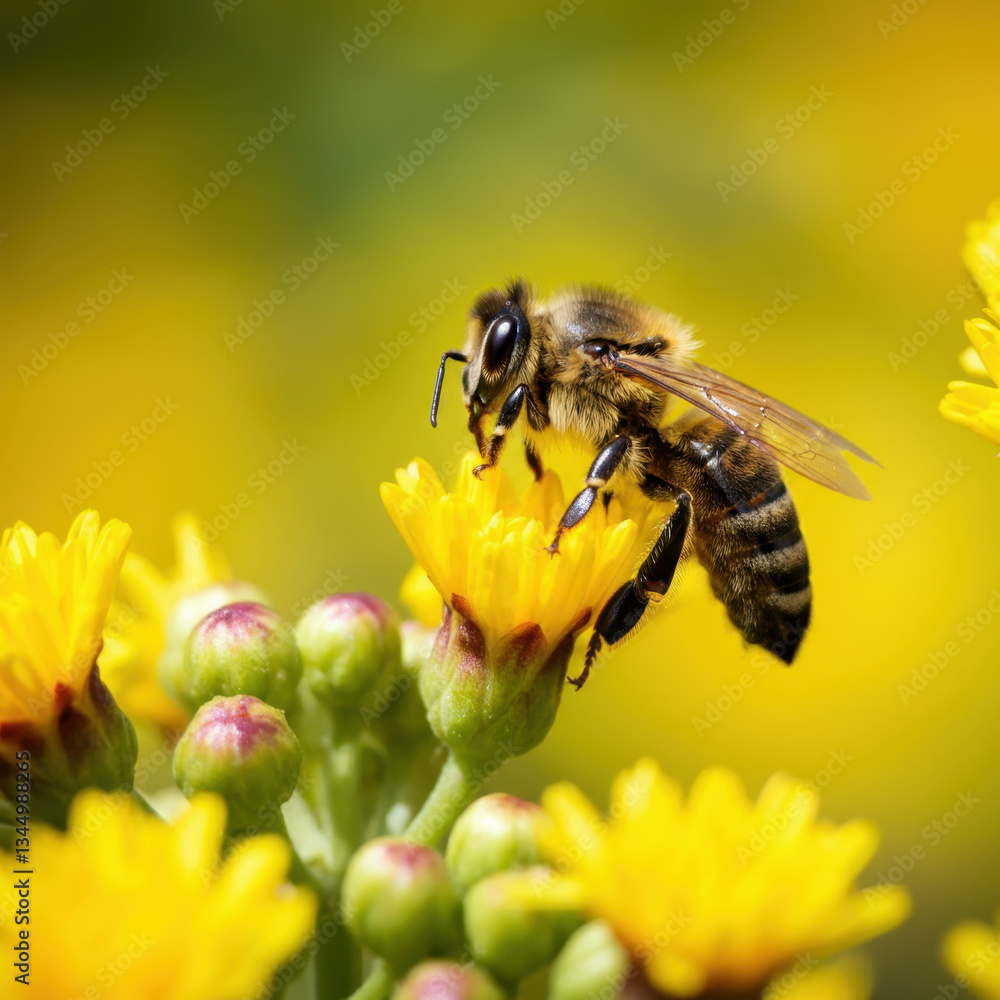 Honeybee collecting nectar from vibrant yellow flowers, nature's harmony Honeybee collecting nectar from vibrant yellow flowers, nature's harmony