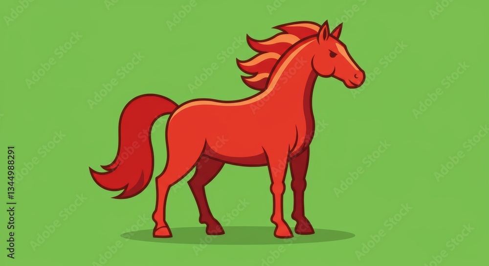 Fototapeta premium Playful cartoon red horse with flowing mane on a green background
