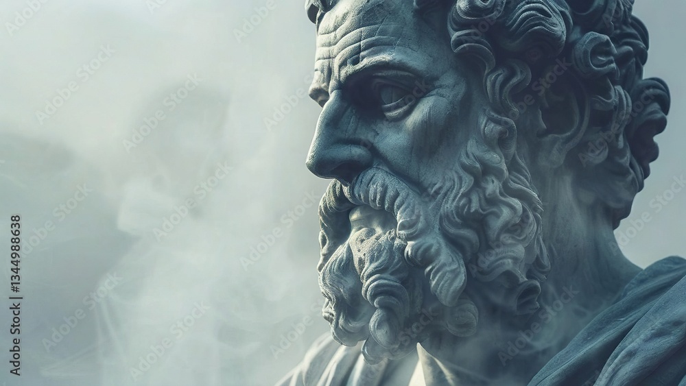 Ancient Greek bust, misty background, thoughtful expression, historical art