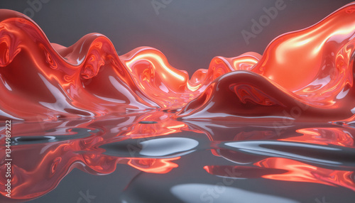 Molten red liquid dramatically flows and reflects against a dark, polished surface, creating a surreal and dynamic abstract composition. Graphical resource for design and downstream advertisement