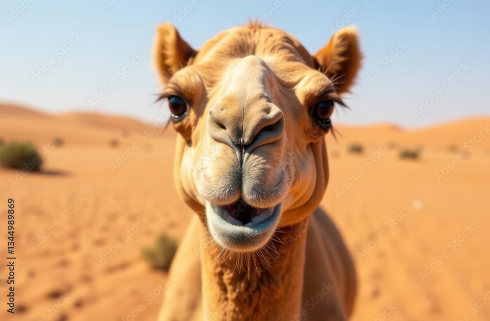 Fototapeta premium Dromedary camel showing its teeth in the desert
