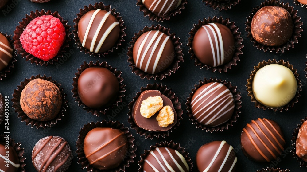 A line of chocolates sits atop a black surface, topped by a single raspberry A line of chocolates sits atop a black surface, topped by a single raspberry