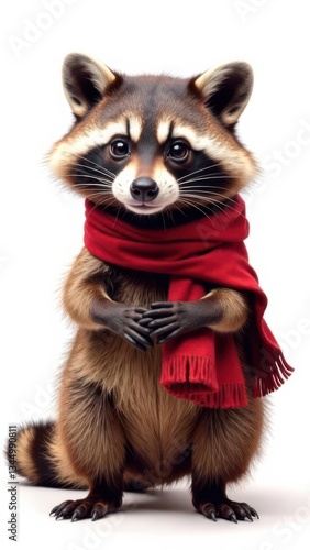Raccoon wearing red scarf standing on white background