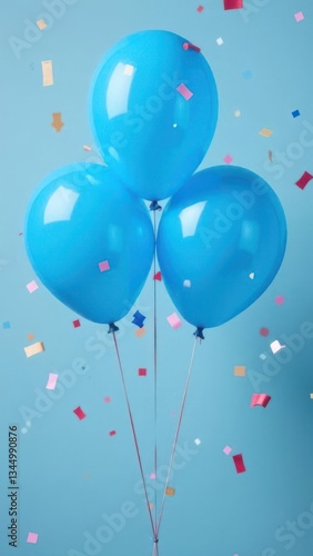 Blue Balloons Floating with Falling Confetti on Light Blue Background
