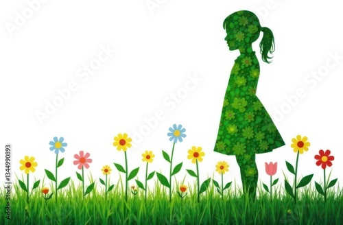 Girl silhouette filled with green leaves and flowers standing in a meadow