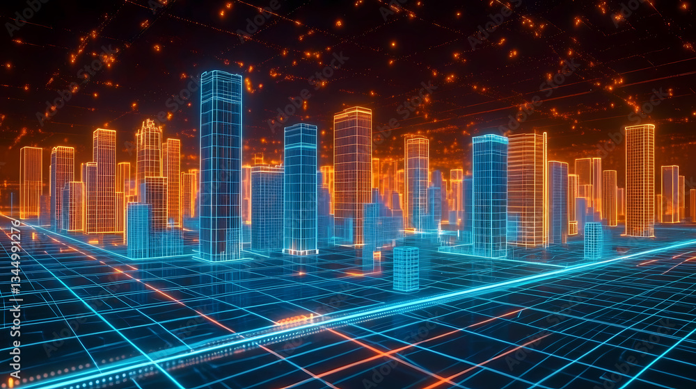 Digital Cityscape with Blue and Orange Building Outlines